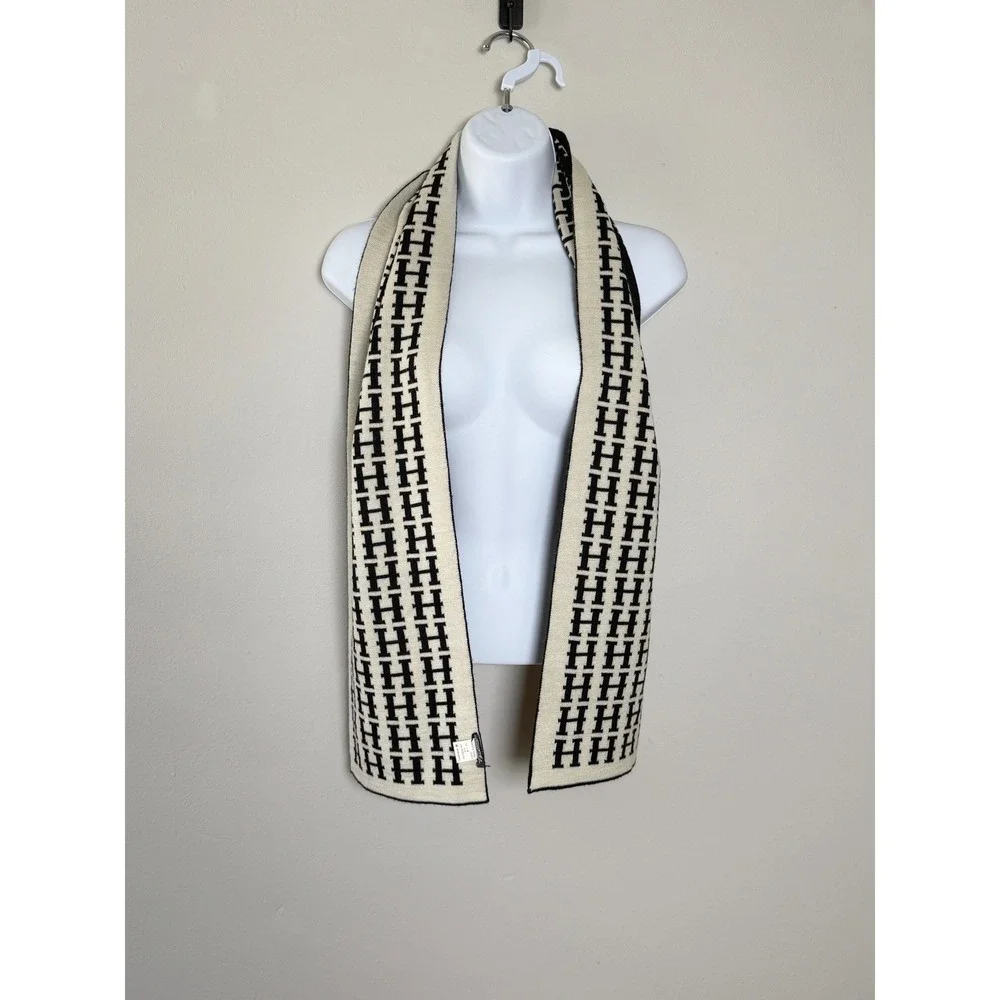 Hermes Scarf Shawl OS Black Cream Wool Blend Luxury Monogram Reversible Knit